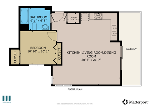 Floor plan for 1 bed, 1 bath, 618 sqft